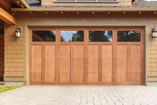 Closed residential wooden garage door